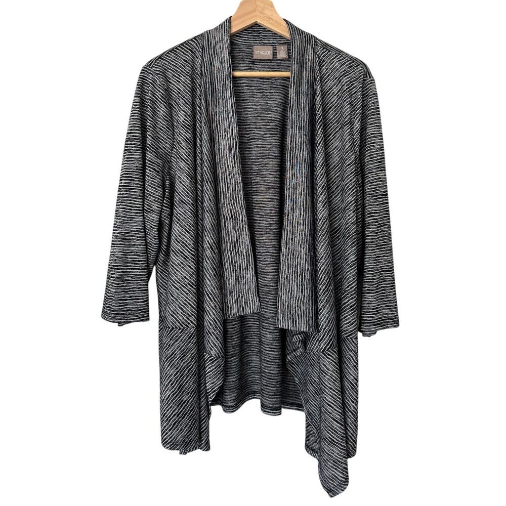 Chico's Black and White 3/4‎ Sleeve Open Front Cardigan Size 3/ XL